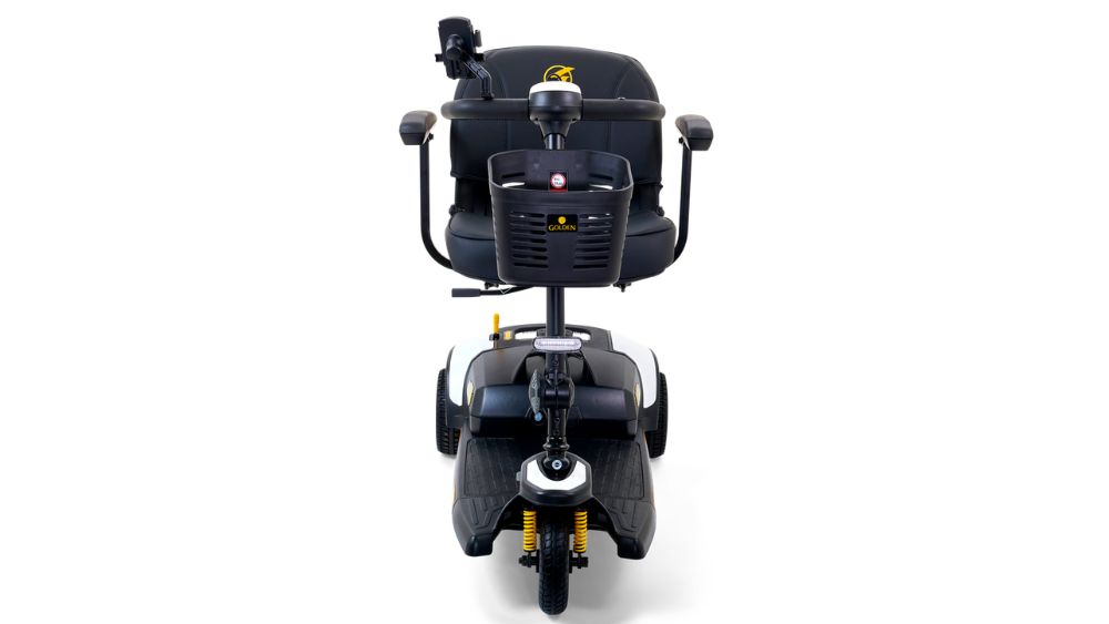 Front view of a black BuzzAround XLS-HD 3-Wheel Scooter with a padded seat, armrests, and a small control panel on the handlebars.