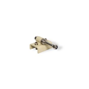 The ShowerBuddy 24" Wheel Axle for SB6W is a small metal cylinder with a threaded connector and blue-ringed end cap, mounted on a beige U-shaped bracket and pictured against a white background.