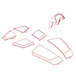 Red line drawing of Shroud Assembly for Go Go Endurance 4-Wheel Scooter, showing seven separate geometric body panels on a white background.