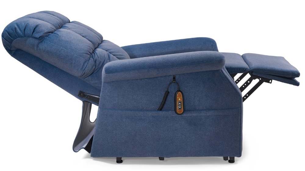Cambridge Lift Chair shown in blue upholstery, fully reclined with an extended footrest and a remote control attached to the side.