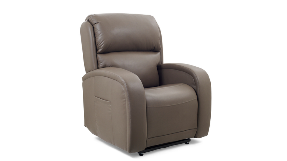 The EZ Sleeper Slim recliner chair, crafted with brown leather and featuring padded armrests and a cushioned backrest, is displayed against a white background.
