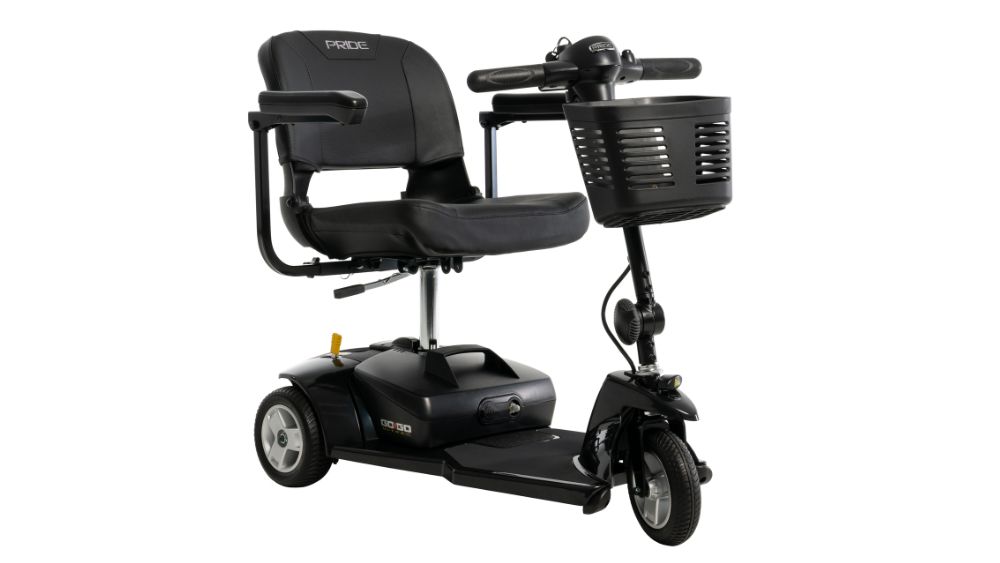 Go Go® Ultra X 3-Wheel Scooter in black, featuring a padded seat, armrests, and a front basket, displayed on a white background.