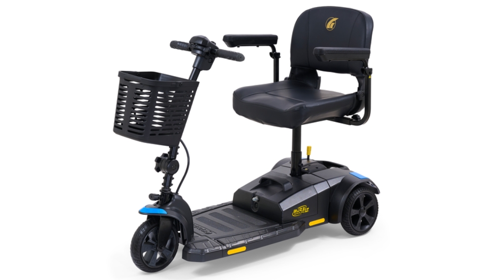 BuzzAround LT 3-Wheel Scooter featuring a black seat, front basket, and armrests, displayed on a white background.