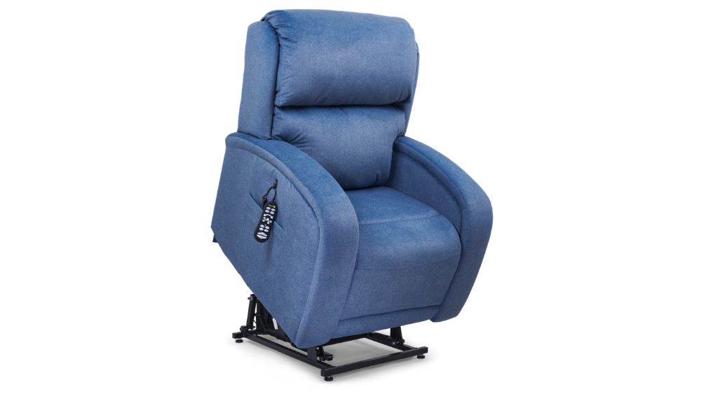 The EZ Sleeper Slim power lift recliner chair, upholstered in blue, features a remote control attached to the armrest and is shown partially lifted from the floor.