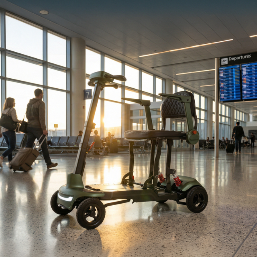 A four-wheeled Monarch Mobility Smarti Plus folding mobility scooter parked in an airport terminal.