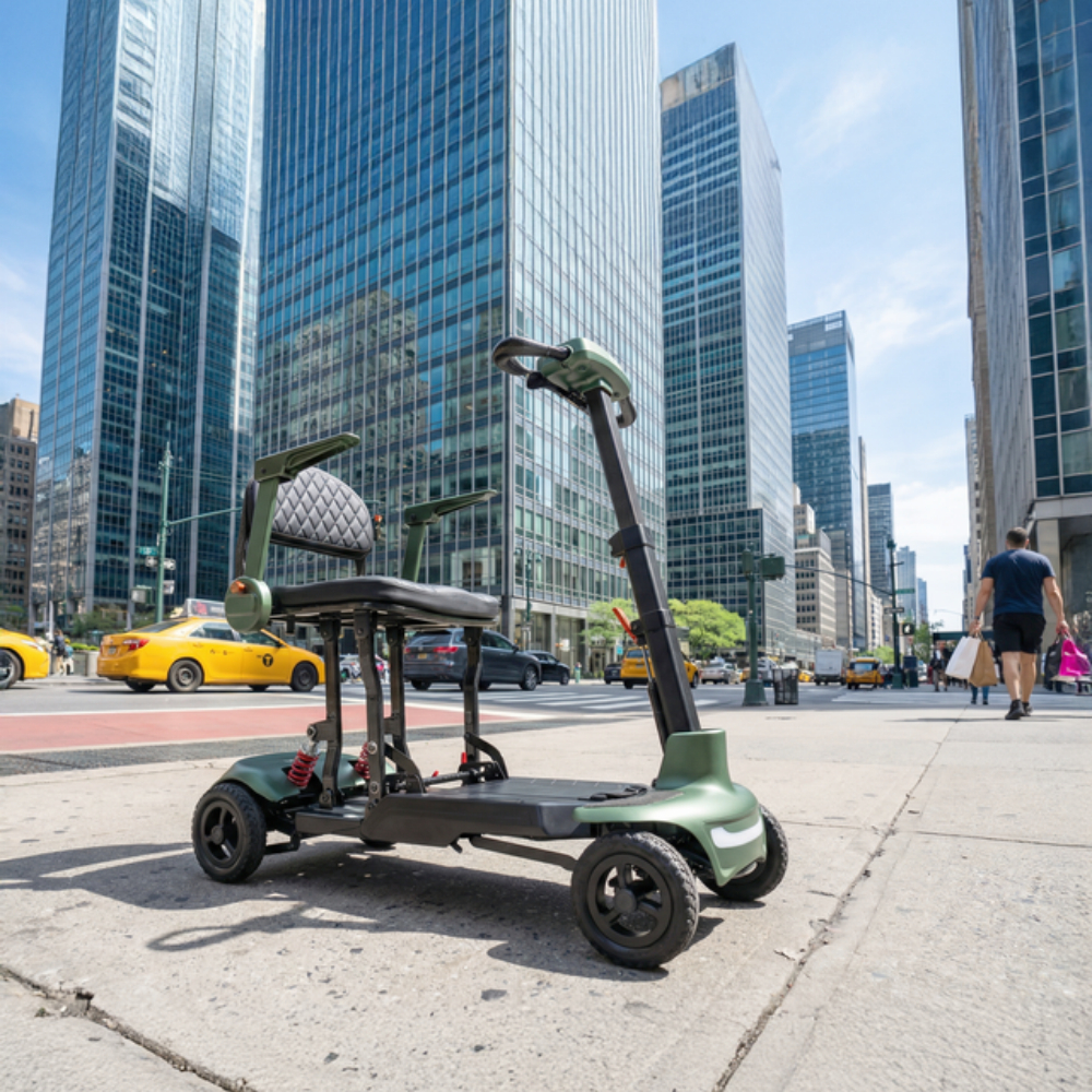 A Monarch Mobility Smarti Plus four-wheeled mobility scooter parked on a city sidewalk with skyscrapers in the background.