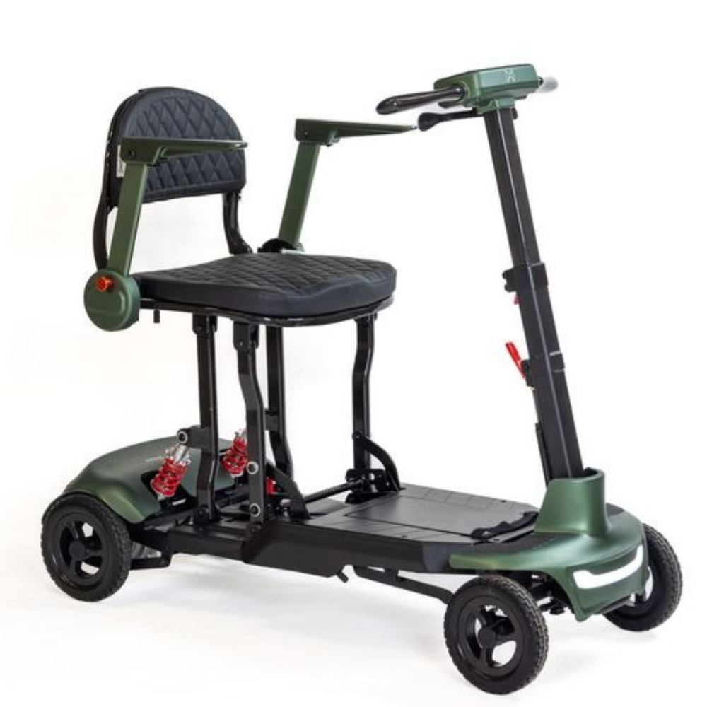 Portable green Monarch Mobility Smarti Plus mobility scooter with a padded seat, four wheels, and adjustable handlebars.
