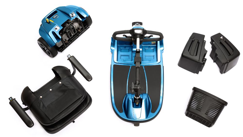 Disassembled blue Revo® 2.0 3-Wheel Scooter with its seat, armrests, battery packs, and basket arranged on a white background.