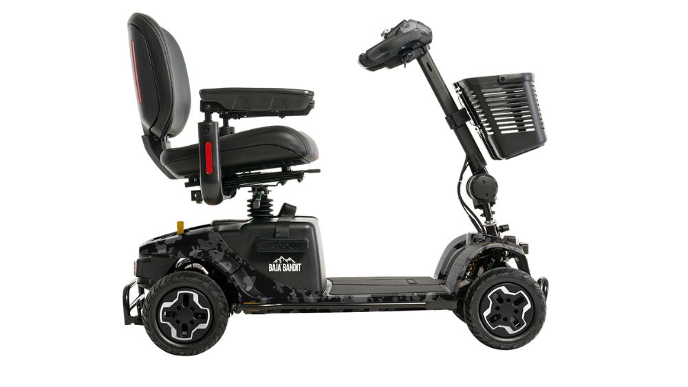 Baja™ Bandit 4-Wheel Scooter featuring a black seat, armrests, and a front basket, shown from the side against a white background.