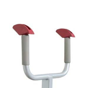 A close-up of the StandUp Lifting Arm for Quick Raiser 205, featuring two red padded arm rests with gray handles mounted on a white metal frame.