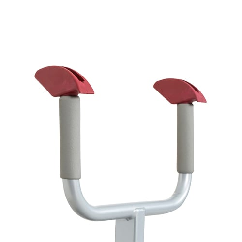 A close-up of the StandUp Lifting Arm for Quick Raiser 205, featuring two red padded arm rests with gray handles mounted on a white metal frame.