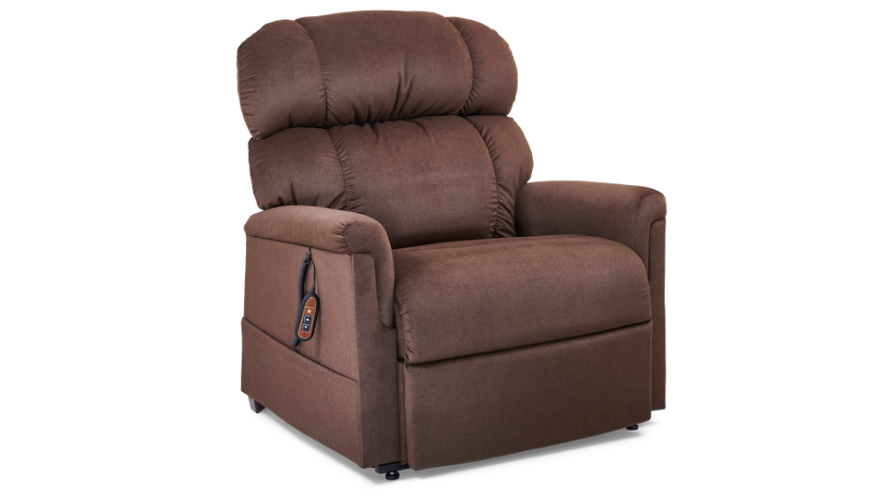 The Comforter Lift Chair, upholstered in brown fabric, features a high backrest and cushioned armrests, with a remote control attached to the side, and is displayed against a white background.