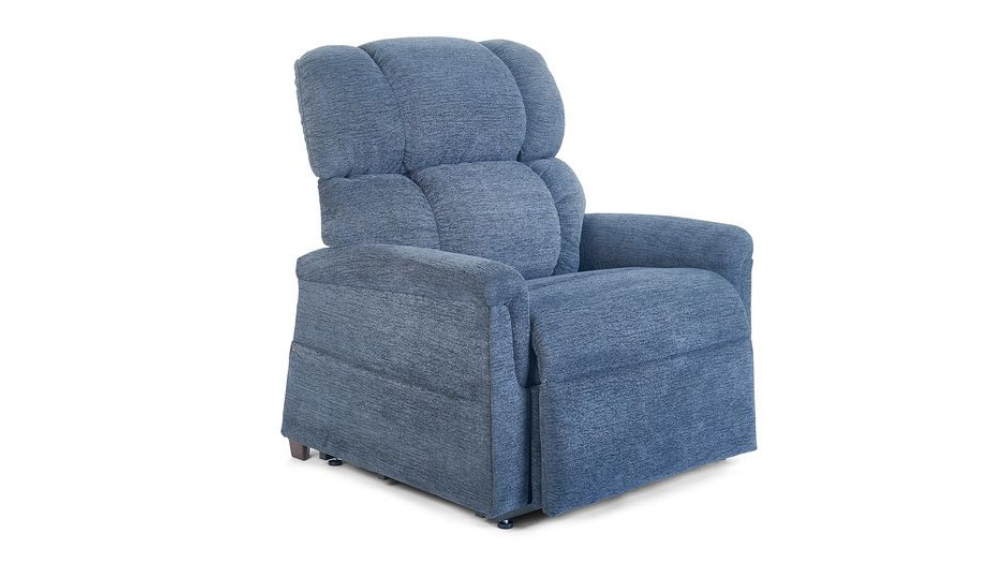A thickly padded blue upholstered recliner with a high back and cushioned armrests, the Comforter with MaxiComfort Lift Chair is displayed against a white background.