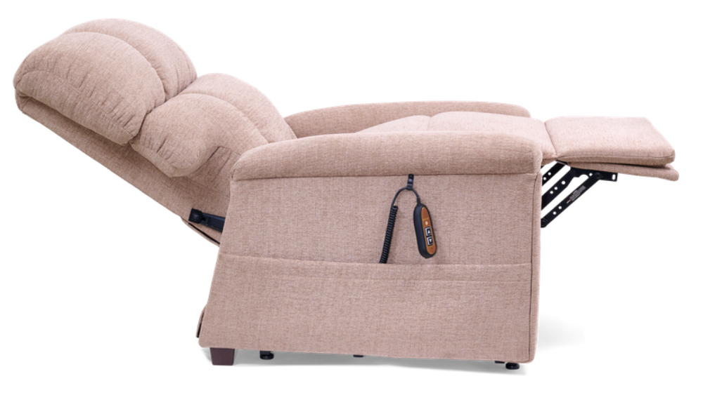 Comforter Lift Chair, upholstered in beige fabric, featuring a reclining function, extended footrest, and integrated remote control, displayed from a side view against a white background.