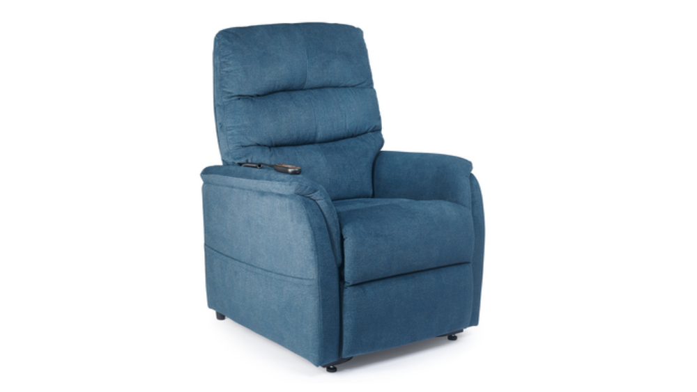 A blue Elara Lift Chair with upholstered fabric and a remote control on the left armrest, displayed against a white background.