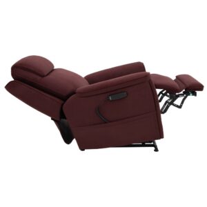 The Evolution Lift Chair in burgundy reclines fully, includes an extended footrest, and features a side-mounted remote control.