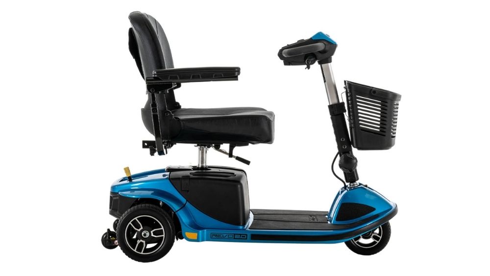 A side view of the Revo® 2.0 3-Wheel Scooter in blue, featuring a black seat with armrests and a wire basket mounted on the front, set against a white background.