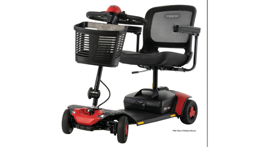A black and red Go Go Elite Traveller Gen 3 mobility scooter featuring a front-mounted basket, a padded seat with armrests, and a stable three-wheel design.