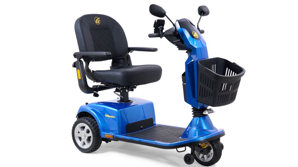 Companion Full-Size 3-Wheel Scooter featuring a black seat, armrests, front basket, mirrors, and a control panel—designed for comfortable and reliable personal transportation.