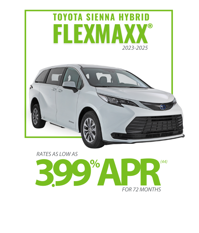 A white Toyota Sienna Hybrid minivan with text advertising FLEXMAXX rates as low as 3.99% APR for 72 months for 2023-2025 models.