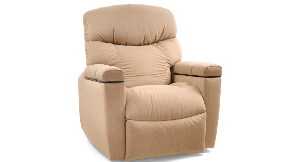 Cloud with Twilight Lift Chair in beige fabric, featuring padded armrests and backrest for cloud-like comfort, evokes the tranquility of twilight relaxation and is displayed against a white background.