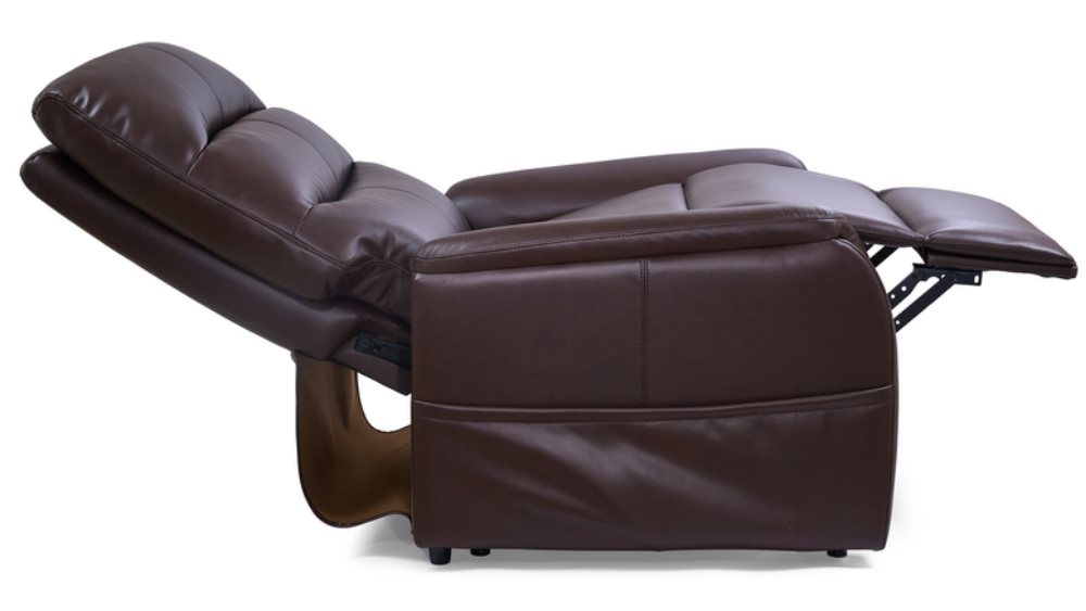 Elara Lift Chair in brown leather, fully extended with footrest raised, shown from the side against a white background.
