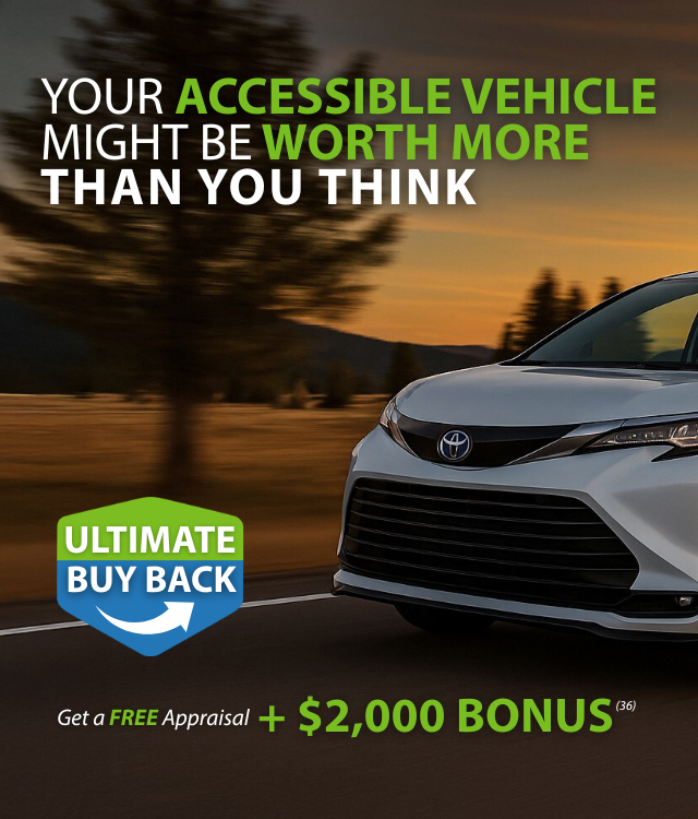 A white Toyota vehicle on a road with text promoting an accessible vehicle buyback program, free appraisal, and a $2,000 bonus.