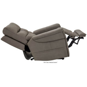 The VivaLift! Ultra Lift Chair is shown in gray upholstery, fully reclined with its footrest extended.