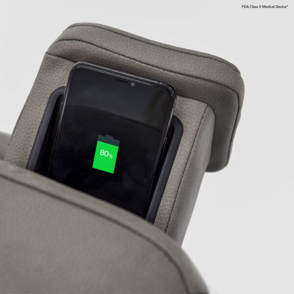 A smartphone displaying an 80% battery charge rests in the built-in slot of the gray VivaLift! Ultra Lift Chair.
