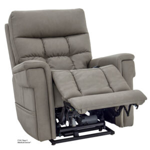 The VivaLift! Ultra Lift Chair is a grey upholstered recliner with an extended footrest that reveals the mechanical parts beneath the seat.