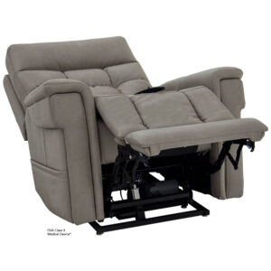 The VivaLift! Ultra Lift Chair, shown in gray upholstery, is partially reclined with its mechanical base visible and footrest extended.