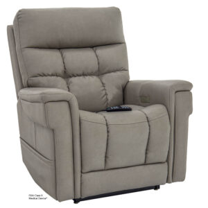 The VivaLift! Ultra Lift Chair is a gray recliner with padded cushions, wide armrests, and a remote control on the seat.