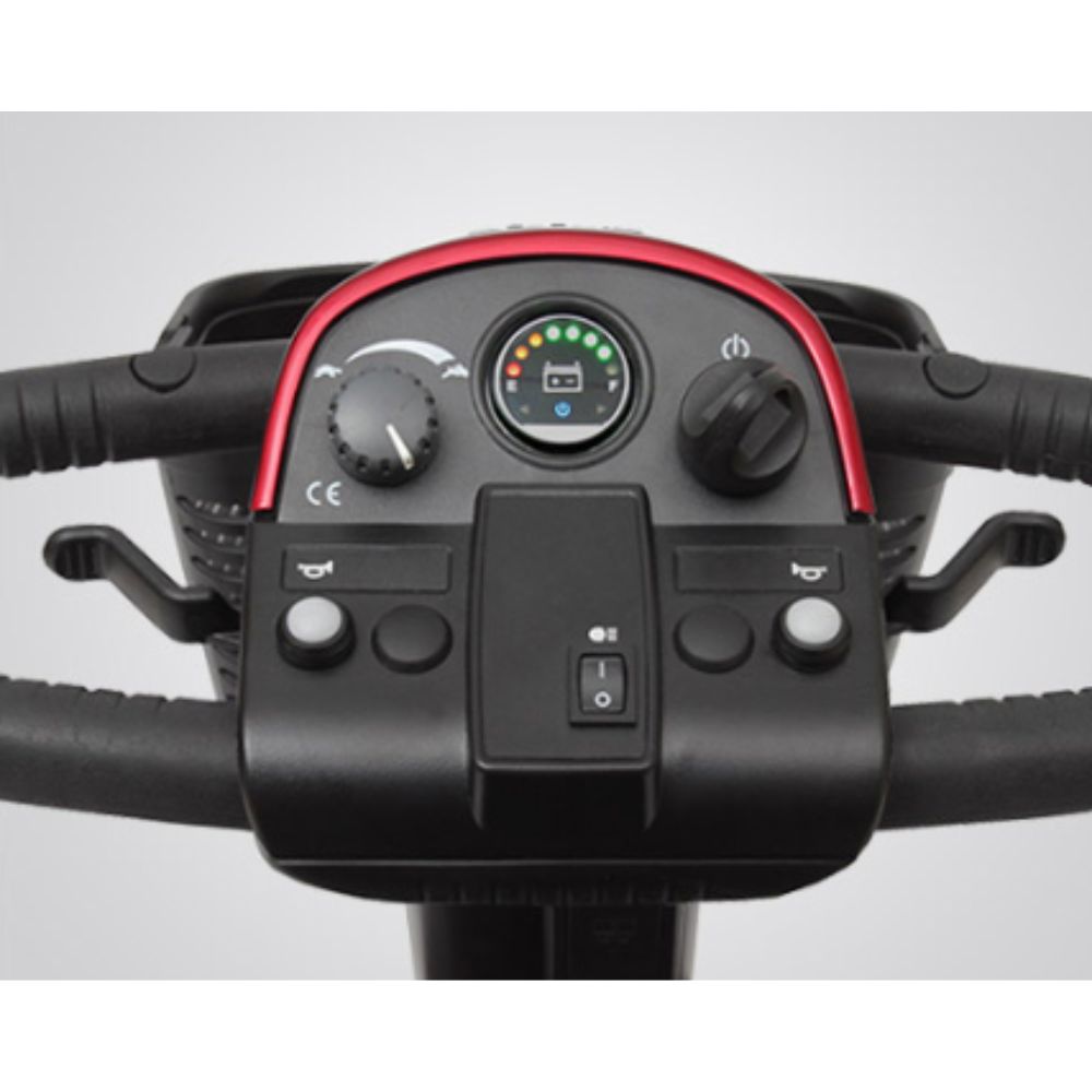 Close-up of the Victory 10 3-Wheel Scooter control panel, featuring a battery indicator, speed dial, power button, horn, and handlebar grips.