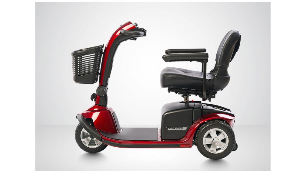 Victory 10 3-Wheel Scooter with black seat, armrests, three wheels, and a front basket, displayed in profile against a plain white background.