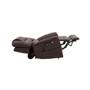 The VivaLift! Elegance 2 Lift Chair in brown leather is fully extended with a footrest and angled backrest, and features a visible control panel on the side.