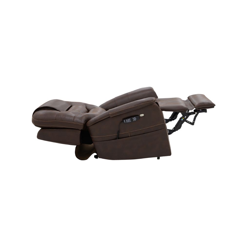 The VivaLift! Elegance 2 Lift Chair in brown leather is fully extended with a footrest and angled backrest, and features a visible control panel on the side.
