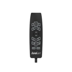 A black remote for the VivaLift! Elegance 2 Lift Chair with labeled buttons to adjust headrest, lumbar, back, and legrest, plus directional arrows and memory settings M1 and M2.