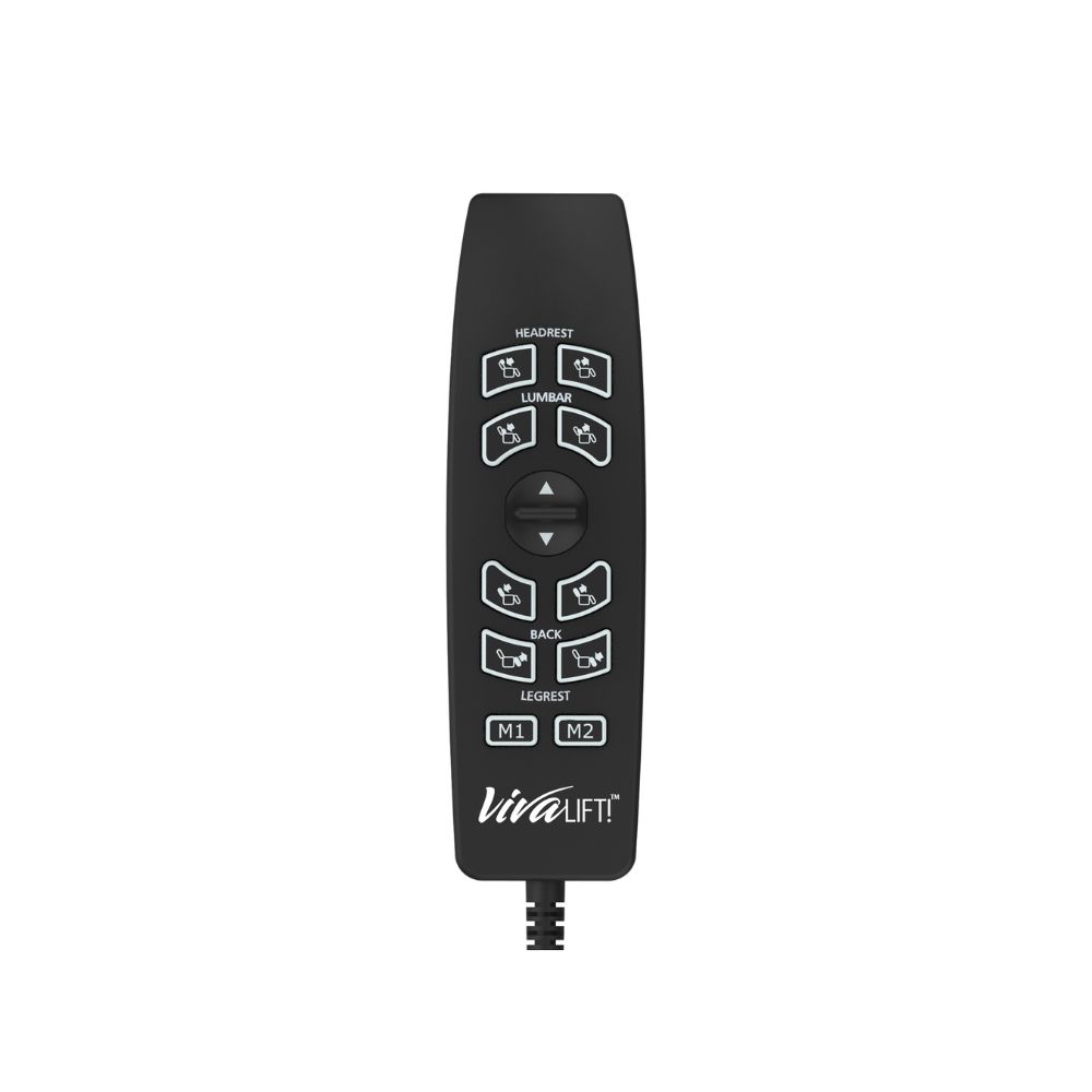 A black remote for the VivaLift! Elegance 2 Lift Chair with labeled buttons to adjust headrest, lumbar, back, and legrest, plus directional arrows and memory settings M1 and M2.