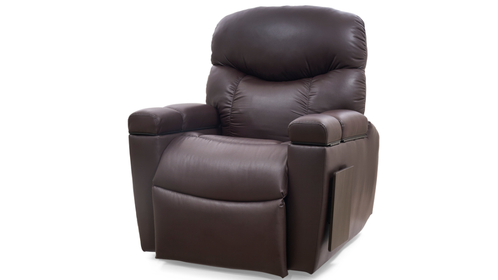 A Cloud+ with Twilight Lift Chair recliner in brown leather, featuring plush cushions and an extended footrest, displayed against a plain white background.