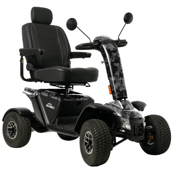 The Baja™ Wrangler® 2 is a black outdoor mobility scooter with a cushioned seat, armrests, mirrors, sturdy tires, and a camouflage-patterned front panel.