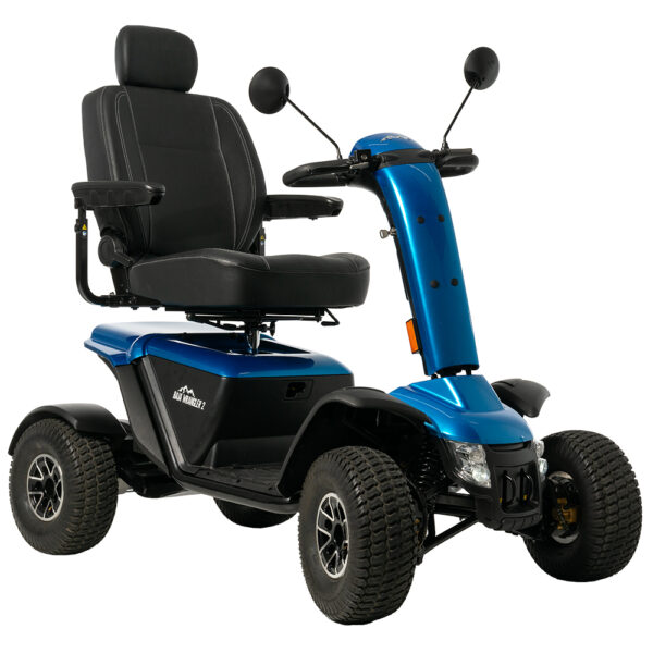 The Baja™ Wrangler® 2 is a blue outdoor mobility scooter with four wheels, a black padded seat, armrests, and mirrors. It has large tires designed for outdoor adventures.