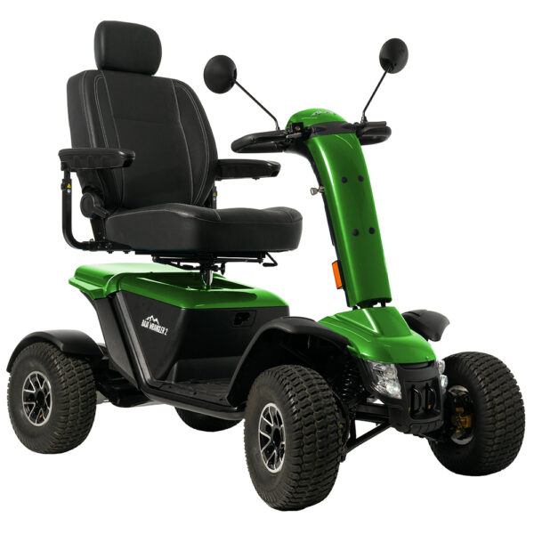 The Baja™ Wrangler® 2 4-Wheel Scooter in green boasts a black cushioned seat, armrests, four large wheels for stability, and rearview mirrors on the handlebars.