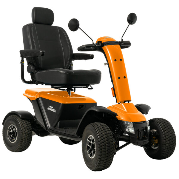 The Baja™ Wrangler® 2 is an outdoor mobility scooter in bright orange with four wheels, a padded black seat, and intuitive handlebar controls.