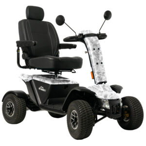 Discover the Baja™ Wrangler® 2 4-Wheel Scooter: your ultimate outdoor mobility solution with a cushioned seat, armrests, and stylish camouflage-patterned console. Rearview mirrors and an intuitive control panel offer safety and ease for any adventure.