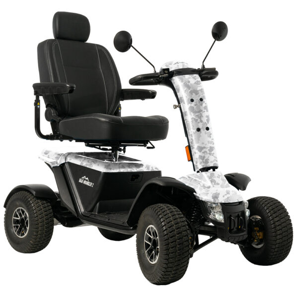 Discover the Baja™ Wrangler® 2 4-Wheel Scooter: your ultimate outdoor mobility solution with a cushioned seat, armrests, and stylish camouflage-patterned console. Rearview mirrors and an intuitive control panel offer safety and ease for any adventure.