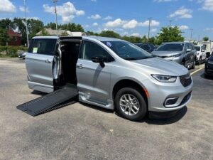 Silver Chrysler Pacifica with BraunAbility Side Entry Automatic In Floor conversion