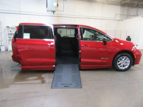 Red Chrysler Pacifica with BraunAbility Side Entry Automatic Fold Out conversion