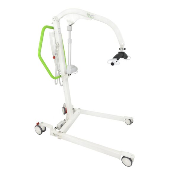 The Alzaro Mobile Patient Lift, in elegant white and green, includes wheels, an arm, and a supportive harness for safe individual transfers.