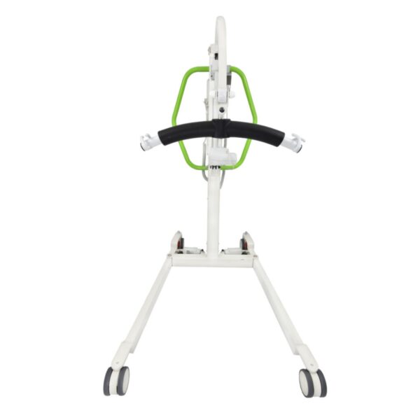 The Alzaro Mobile Patient Lift showcases a white frame with a green handlebar and black padded grip, mounted on caster wheels for easy mobility. Its front-view design prioritizes both functionality and comfort in medical settings.