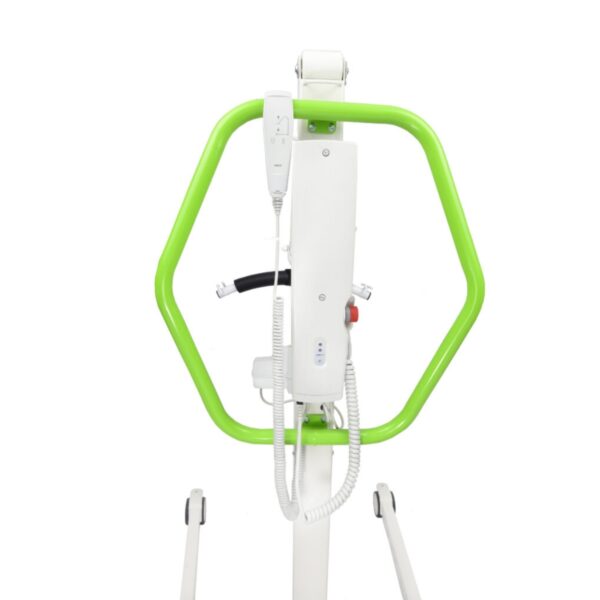 The Alzaro Mobile Patient Lift features a green and white circular frame design with an accessible control panel, ideal for aiding those with mobility impairments.